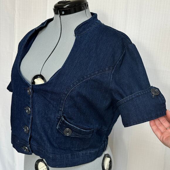 Vintage Miss Lili Denim Button Crop Jacket Unique Collar Roll Tab Sleeve Sz: XL - Picture 2 of 8